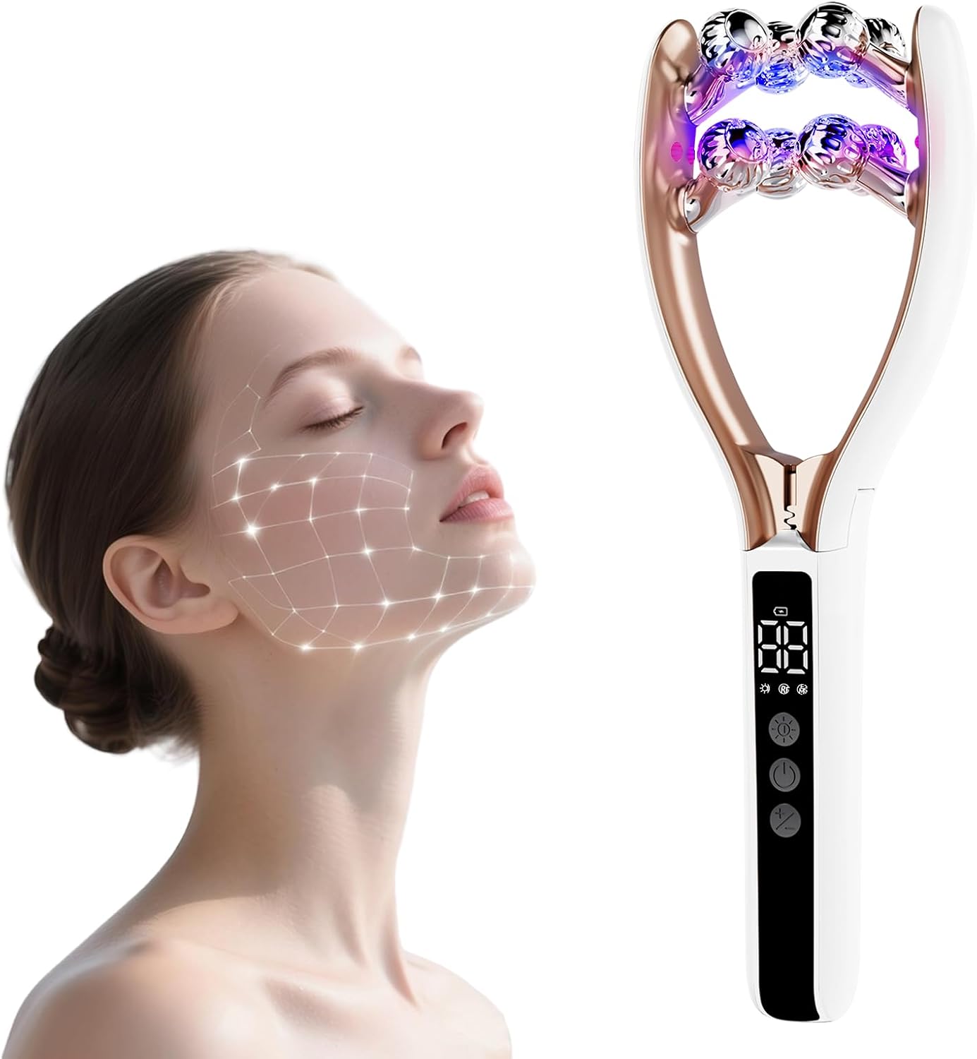 Wireless 8-Roller 3D Face Massager with LED Microcurrent EMS & V-Shape Sculpting